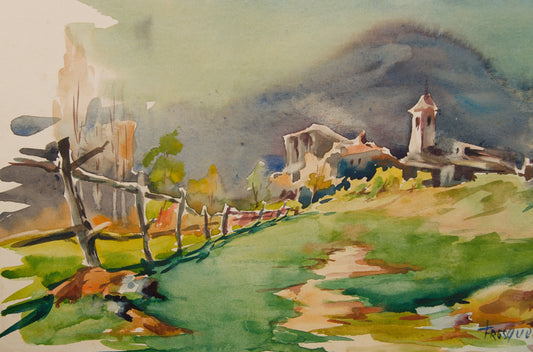 GUILLEM FRESQUET | PAISAJE RURAL CON CAMPANARIO (1952) | ACUARELA ORIGINAL | ESCUELA CATALANA