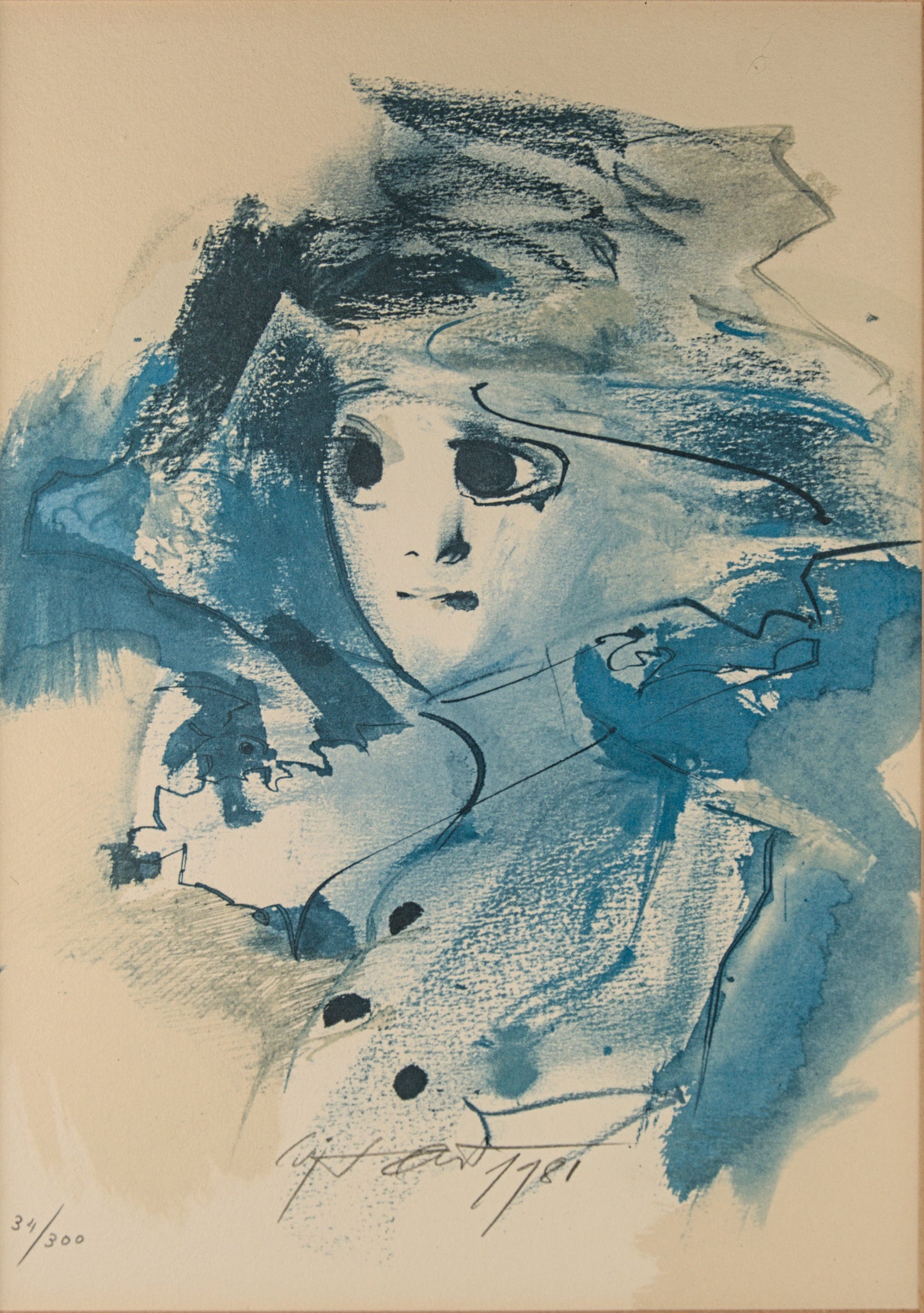 Modest Cuixart | Rostro Femenino en Azul | Litografía Firmada (1981)