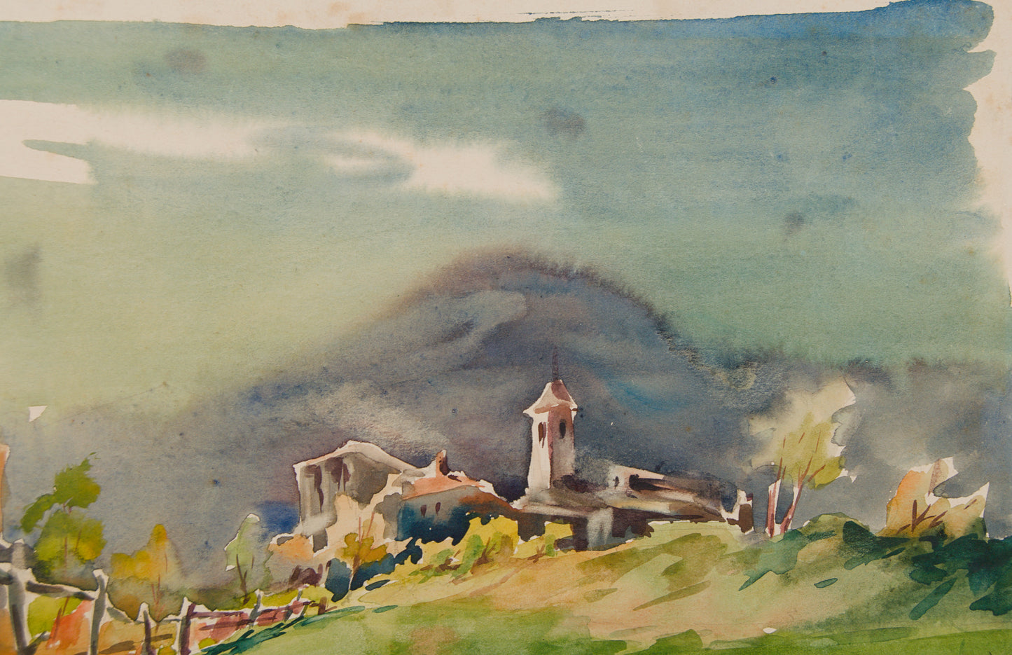 GUILLEM FRESQUET | PAISAJE RURAL CON CAMPANARIO (1952) | ACUARELA ORIGINAL | ESCUELA CATALANA