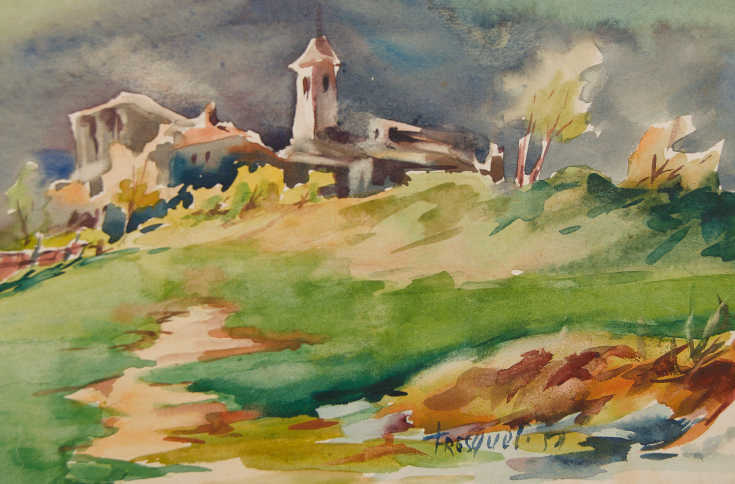 GUILLEM FRESQUET | PAISAJE RURAL CON CAMPANARIO (1952) | ACUARELA ORIGINAL | ESCUELA CATALANA