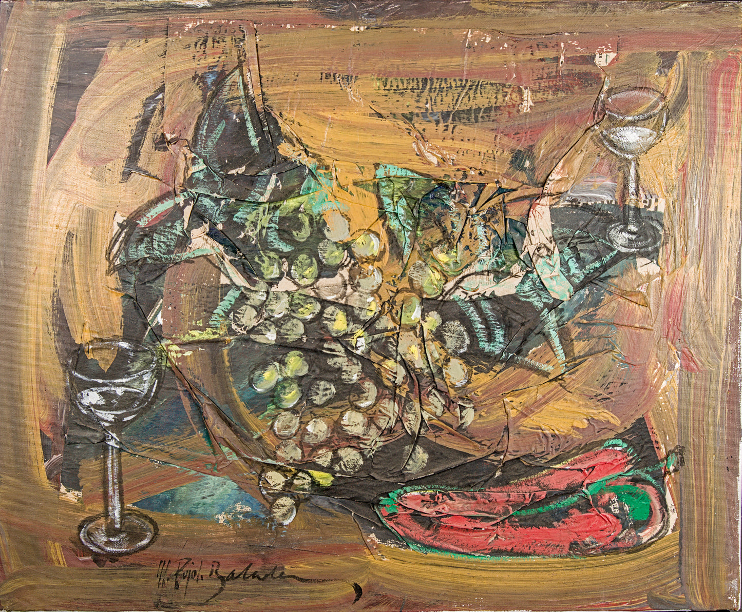 Manel Pujol Baladas | "Bodegón uvas" | Mixta y Collage sobre Lienzo (1990) | Colección de 18 Obras Certificadas
