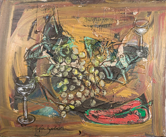 Manel Pujol Baladas | "Bodegón uvas" | Mixta y Collage sobre Lienzo (1990) | Colección de 18 Obras Certificadas