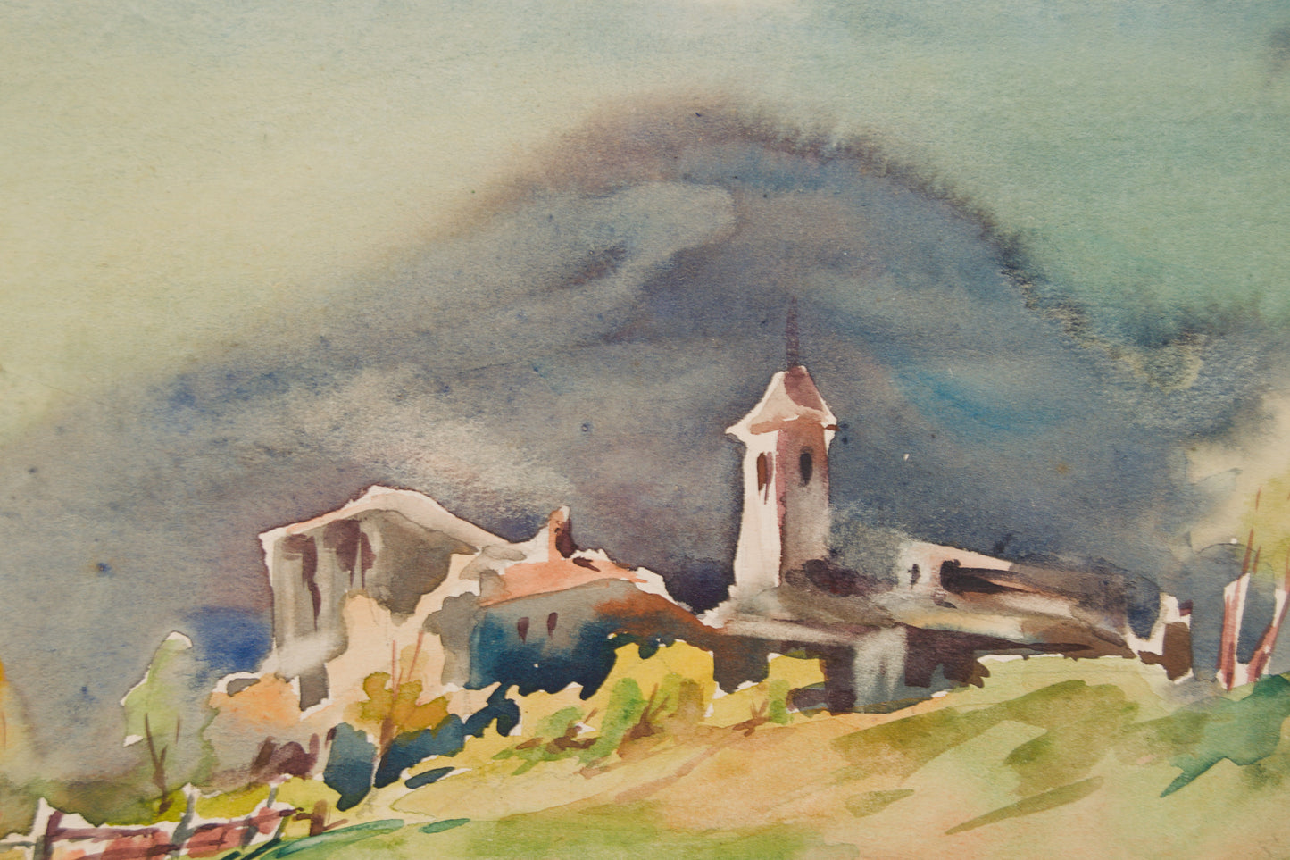 GUILLEM FRESQUET | PAISAJE RURAL CON CAMPANARIO (1952) | ACUARELA ORIGINAL | ESCUELA CATALANA