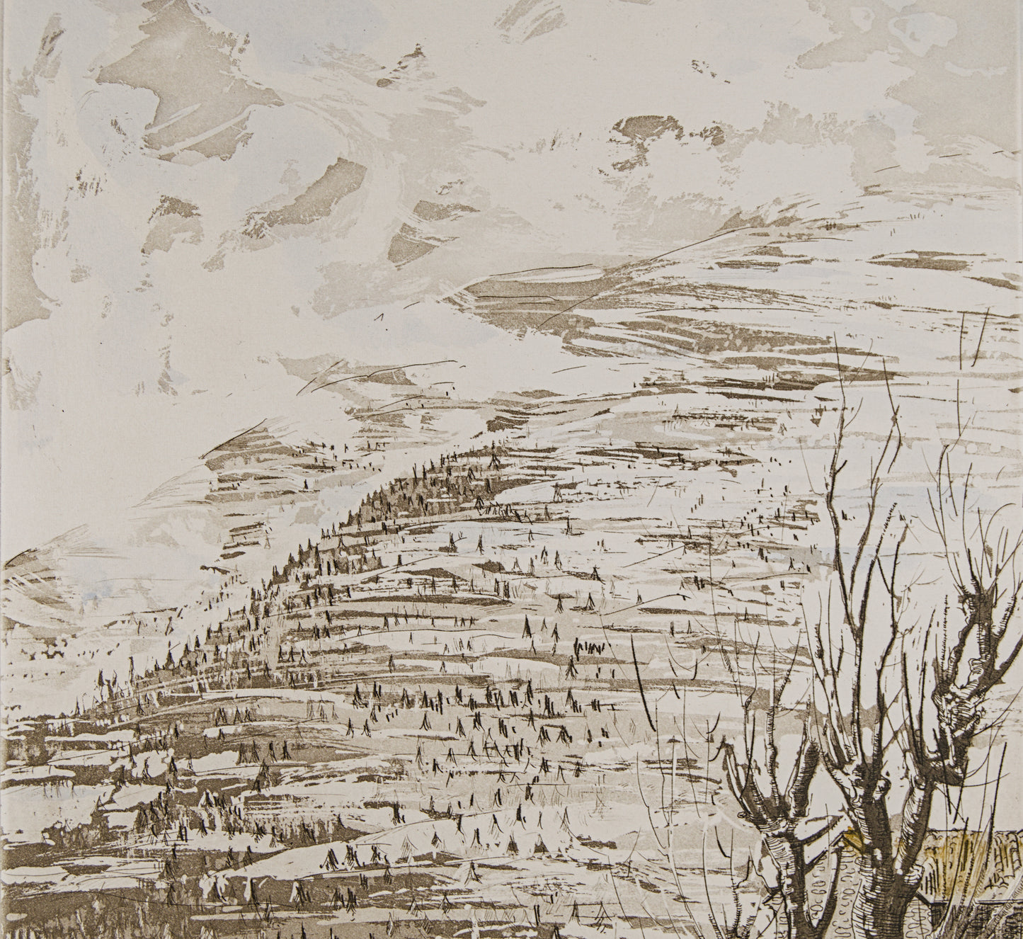 JORDI PAGANS MONTSALVATGE | PAISAJE DE MONTAÑA | MAESTRO DE LA VIBRACIÓN LÍRICA CATALANA | AGUAFUERTE ILUMINADO A MANO