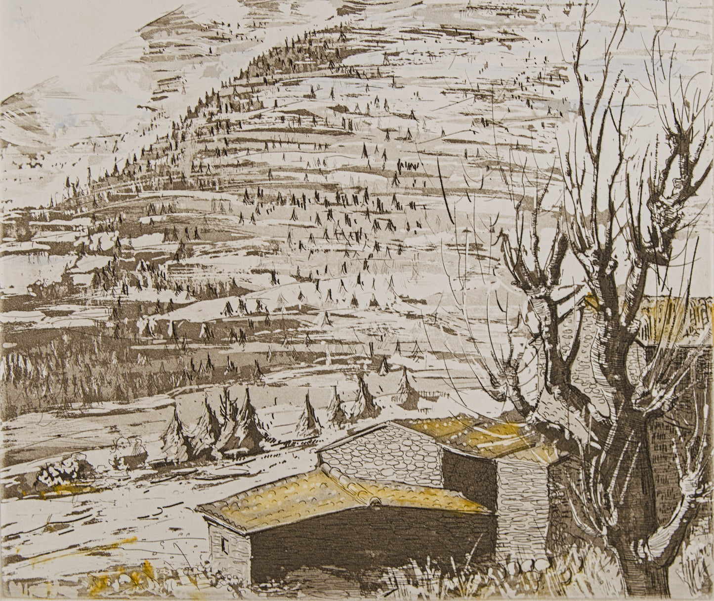 JORDI PAGANS MONTSALVATGE | PAISAJE DE MONTAÑA | MAESTRO DE LA VIBRACIÓN LÍRICA CATALANA | AGUAFUERTE ILUMINADO A MANO
