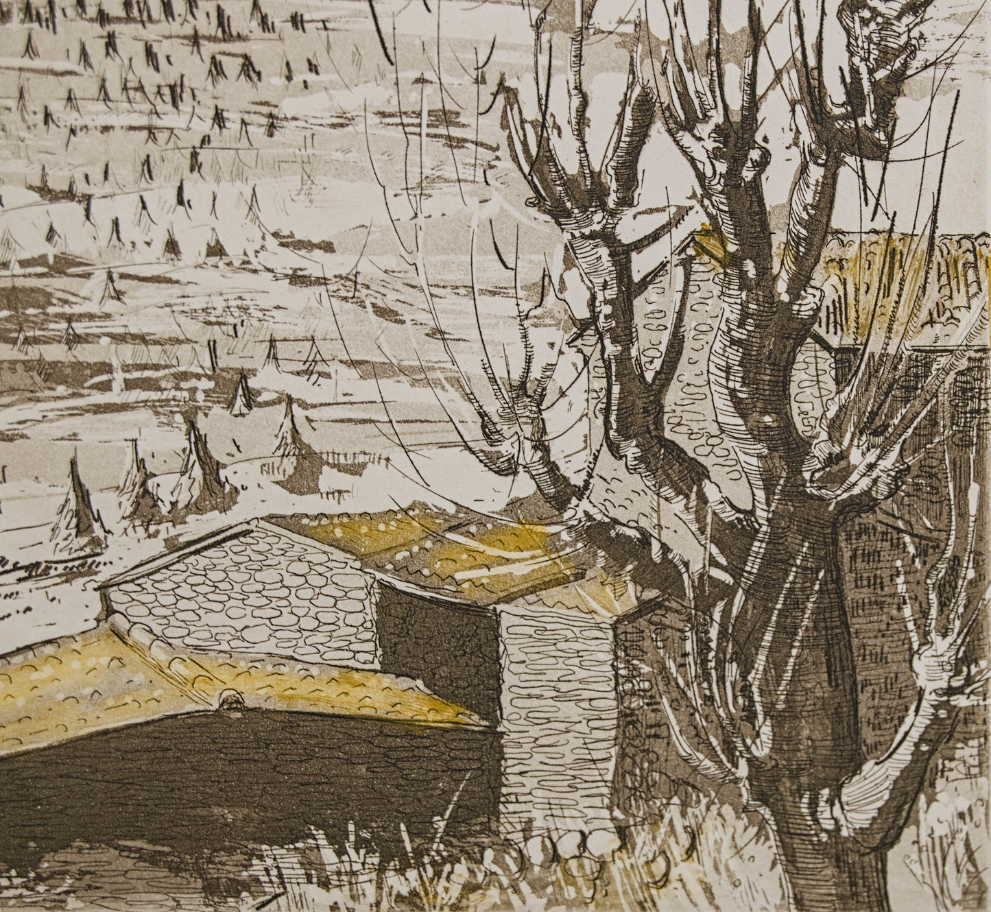 JORDI PAGANS MONTSALVATGE | PAISAJE DE MONTAÑA | MAESTRO DE LA VIBRACIÓN LÍRICA CATALANA | AGUAFUERTE ILUMINADO A MANO