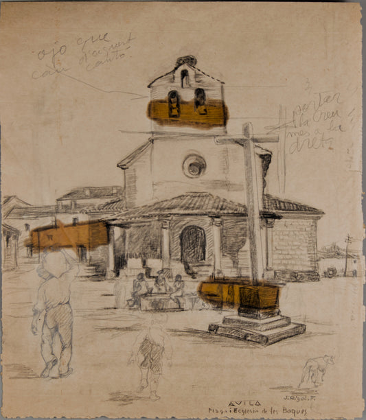 JOSEP RIGOL FORNAGUERA | SKETCH OF ÁVILA: PLAZA AND CHURCH OF LAS VACAS | PREPARATORY DRAWING WITH ANNOTATIONS (PENCIL)