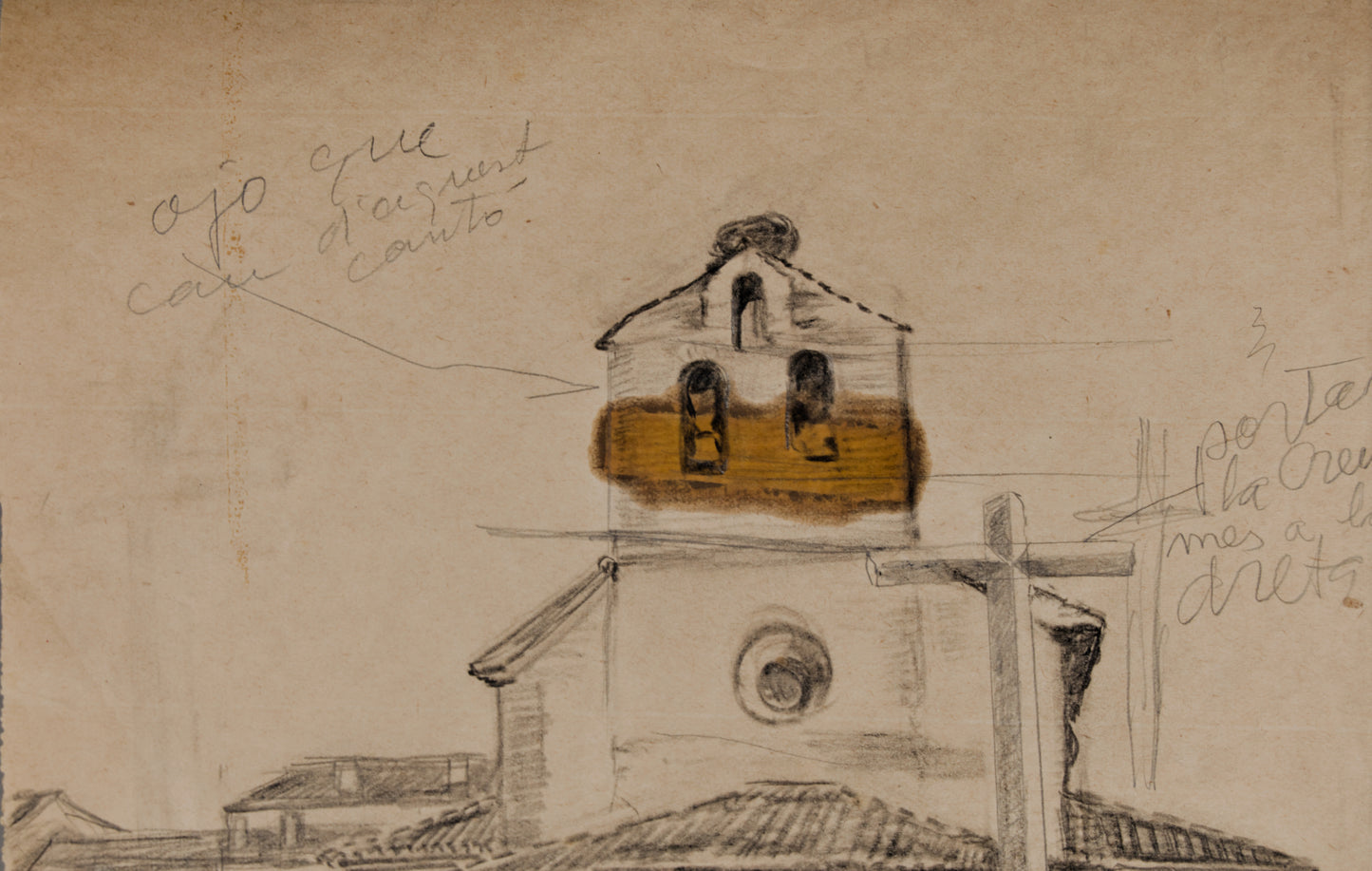 JOSEP RIGOL FORNAGUERA | APUNTE DE ÁVILA: PLAZA E IGLESIA DE LAS VACAS | DIBUJO PREPARATORIO CON ANOTACIONES (LÁPIZ)