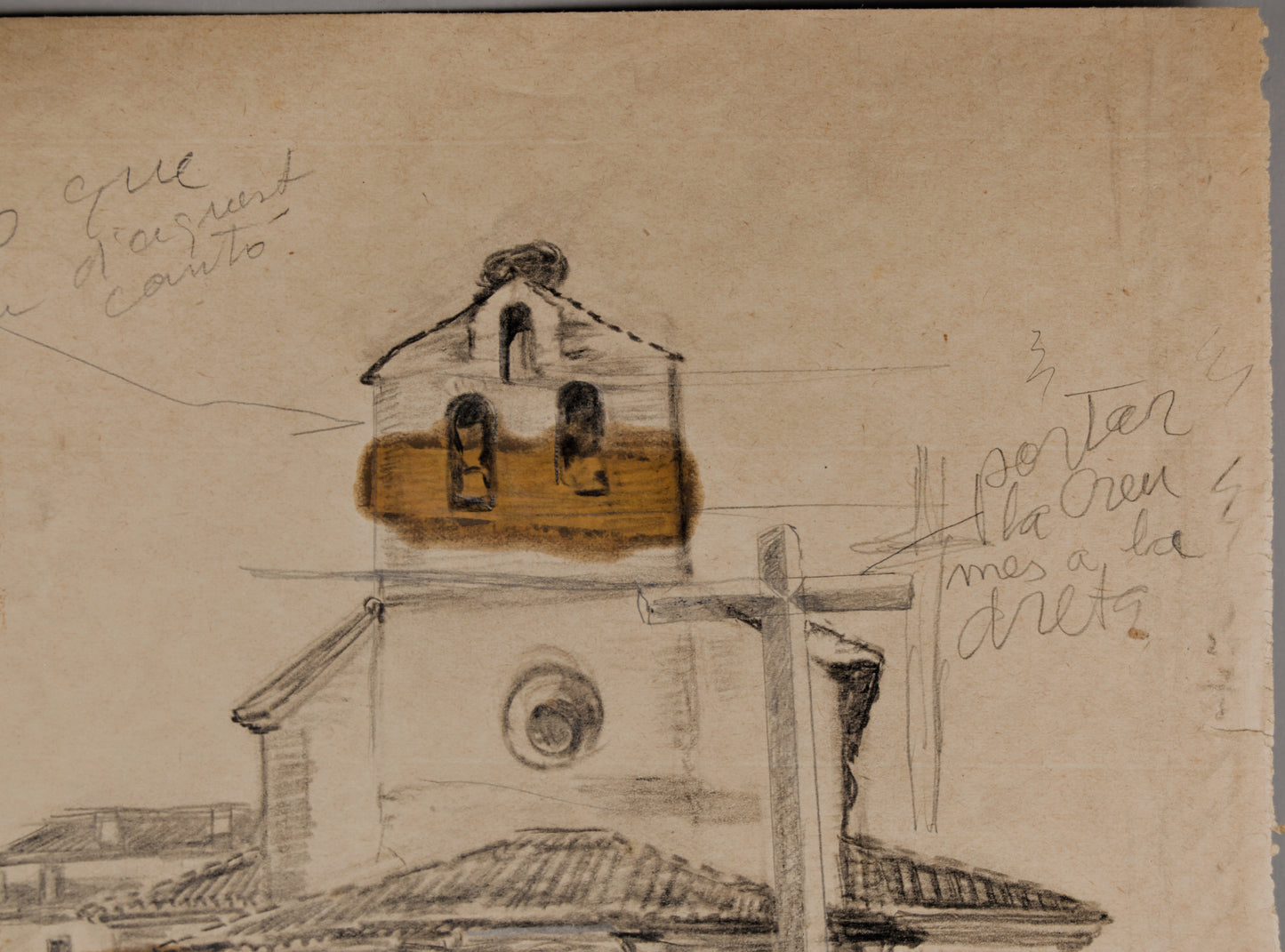 JOSEP RIGOL FORNAGUERA | APUNTE DE ÁVILA: PLAZA E IGLESIA DE LAS VACAS | DIBUJO PREPARATORIO CON ANOTACIONES (LÁPIZ)