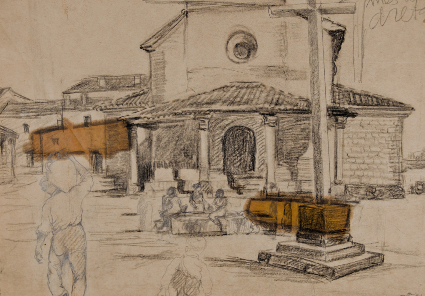 JOSEP RIGOL FORNAGUERA | APUNTE DE ÁVILA: PLAZA E IGLESIA DE LAS VACAS | DIBUJO PREPARATORIO CON ANOTACIONES (LÁPIZ)