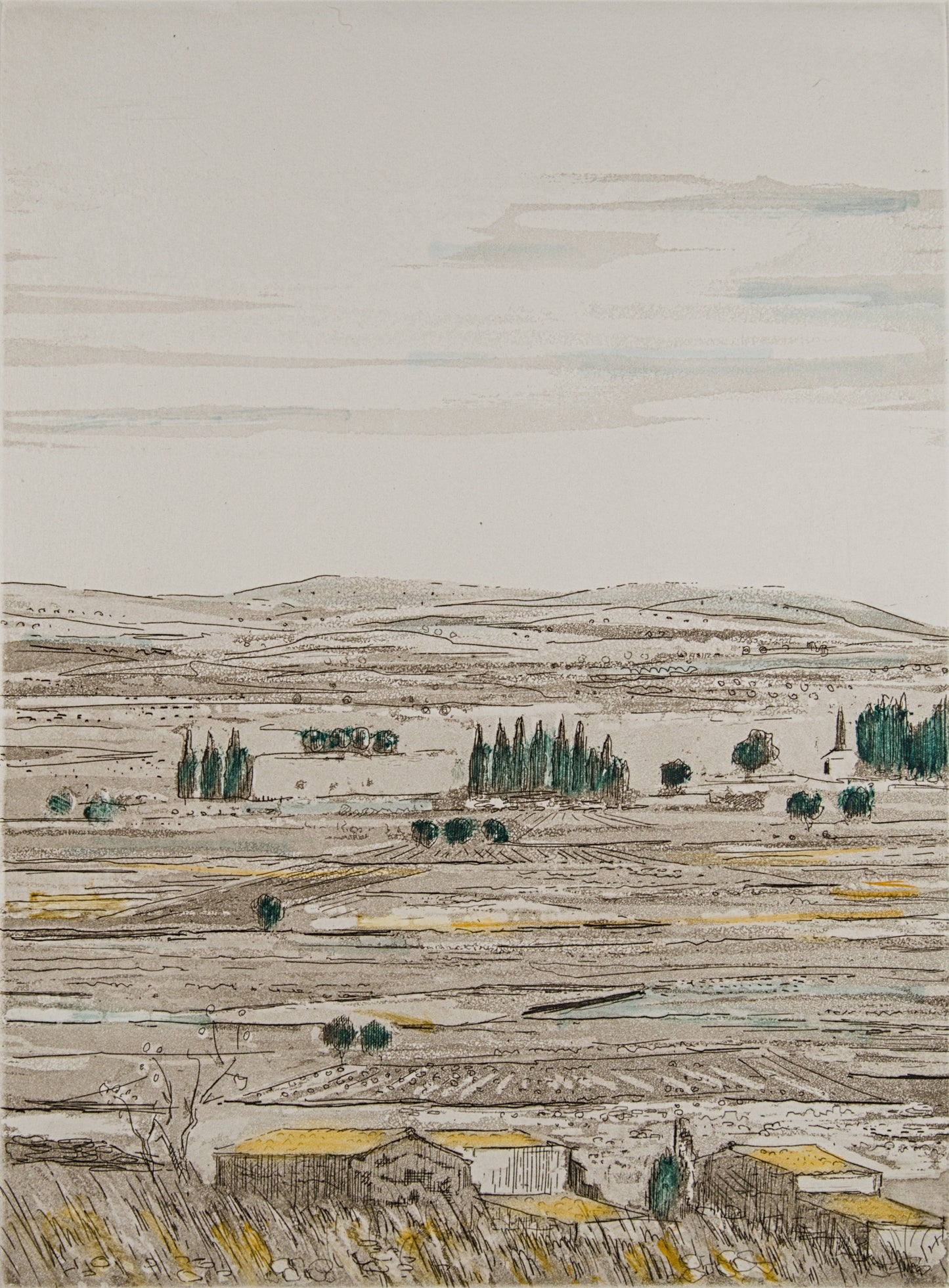 JORDI PAGANS MONTSALVATGE | PAISAJE DE CAMPOS | MAESTRO DEL PAISAJE LÍRICO CATALÁN | AGUAFUERTE ILUMINADO A MANO