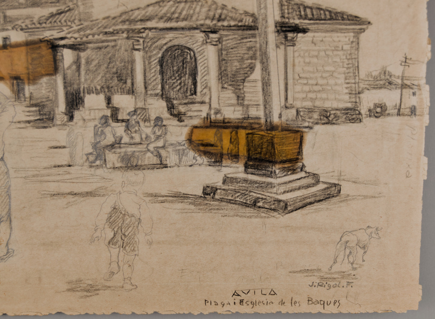 JOSEP RIGOL FORNAGUERA | APUNTE DE ÁVILA: PLAZA E IGLESIA DE LAS VACAS | DIBUJO PREPARATORIO CON ANOTACIONES (LÁPIZ)