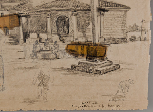 JOSEP RIGOL FORNAGUERA | SKETCH OF ÁVILA: PLAZA AND CHURCH OF LAS VACAS | PREPARATORY DRAWING WITH ANNOTATIONS (PENCIL)