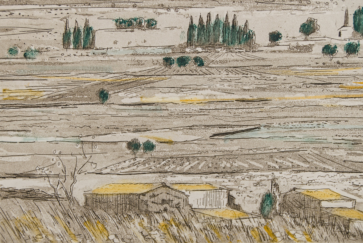JORDI PAGANS MONTSALVATGE | PAISAJE DE CAMPOS | MAESTRO DEL PAISAJE LÍRICO CATALÁN | AGUAFUERTE ILUMINADO A MANO