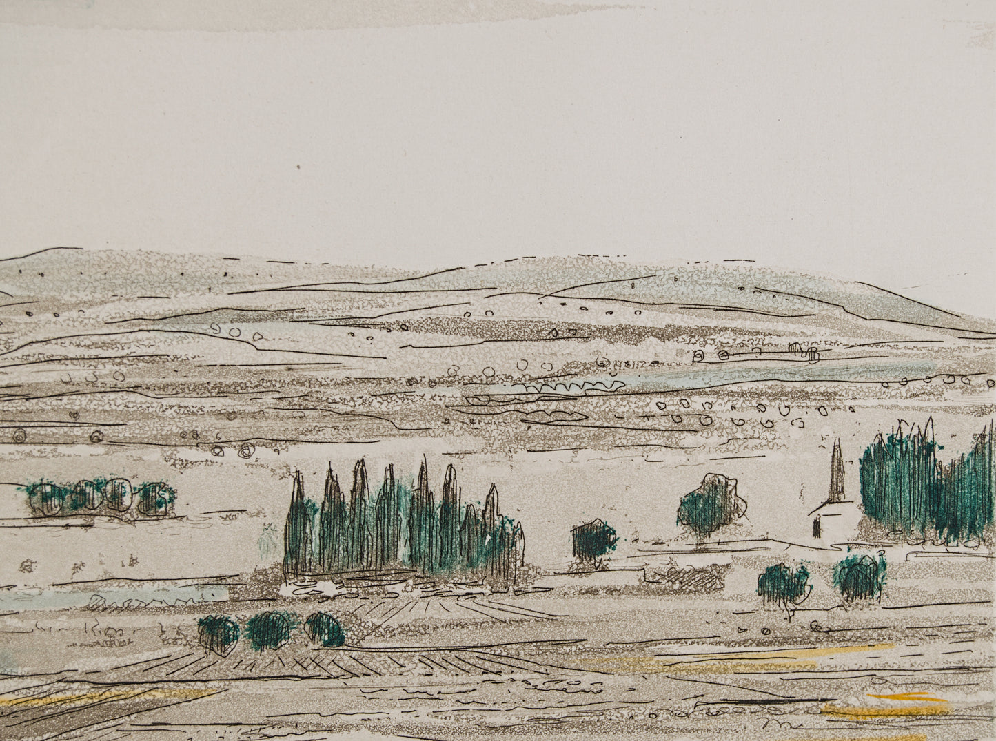 JORDI PAGANS MONTSALVATGE | PAISAJE DE CAMPOS | MAESTRO DEL PAISAJE LÍRICO CATALÁN | AGUAFUERTE ILUMINADO A MANO
