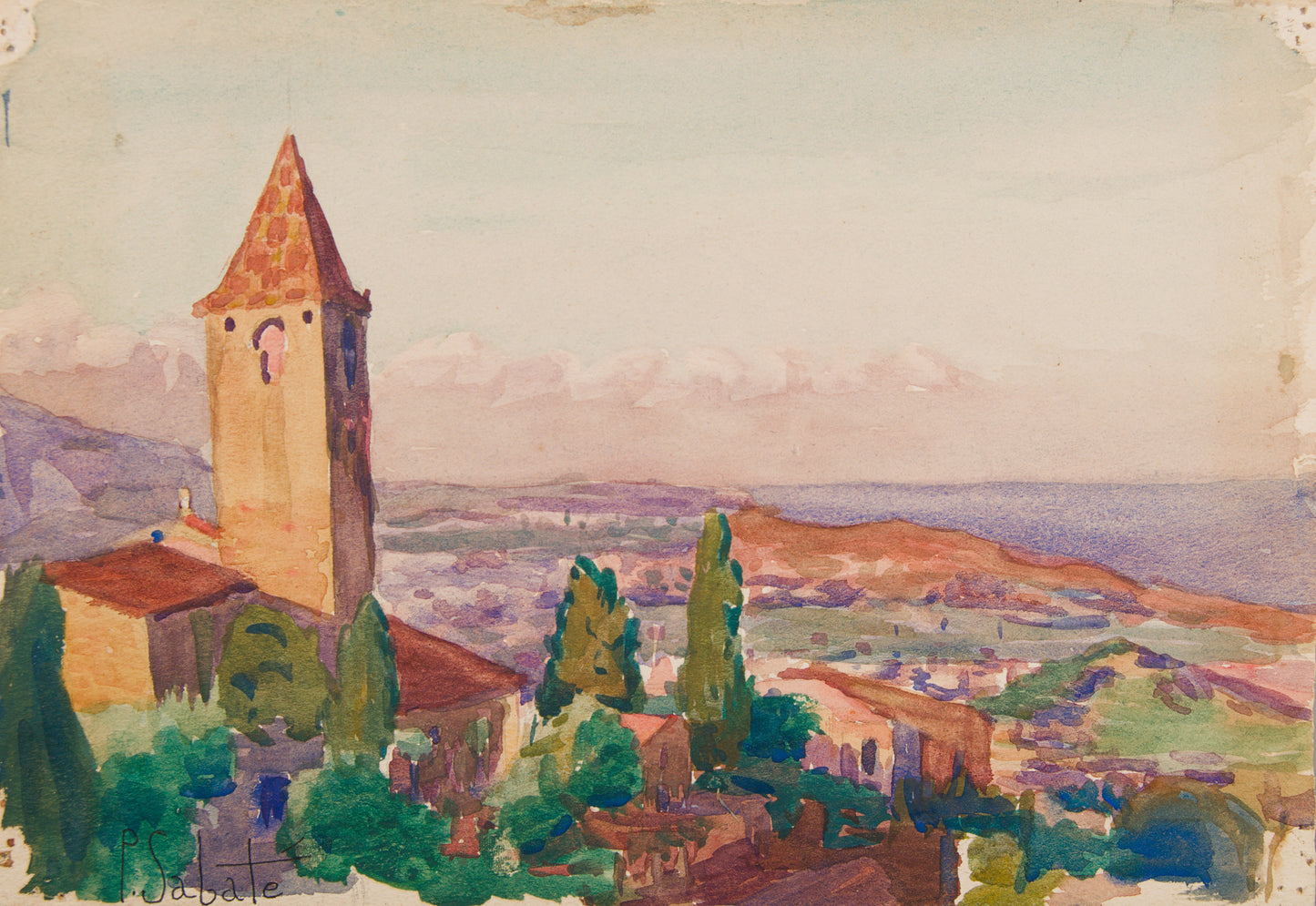PAU SABATÉ I JAUMÀ | PAISAJE MEDITERRÁNEO CON CAMPANARIO | ACUARELA ORIGINAL | POSTIMPRESIONISMO CATALÁN
