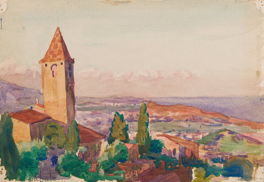 PAU SABATÉ I JAUMÀ | PAISAJE MEDITERRÁNEO CON CAMPANARIO | ACUARELA ORIGINAL | POSTIMPRESIONISMO CATALÁN