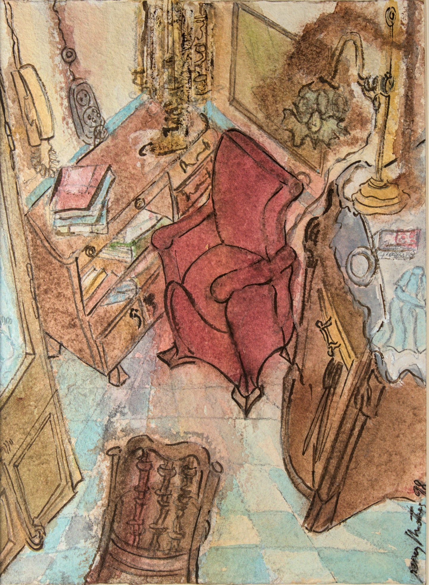 Autor Ilegible | "Sala de estar con butaca roja" | Obra Original de 1998