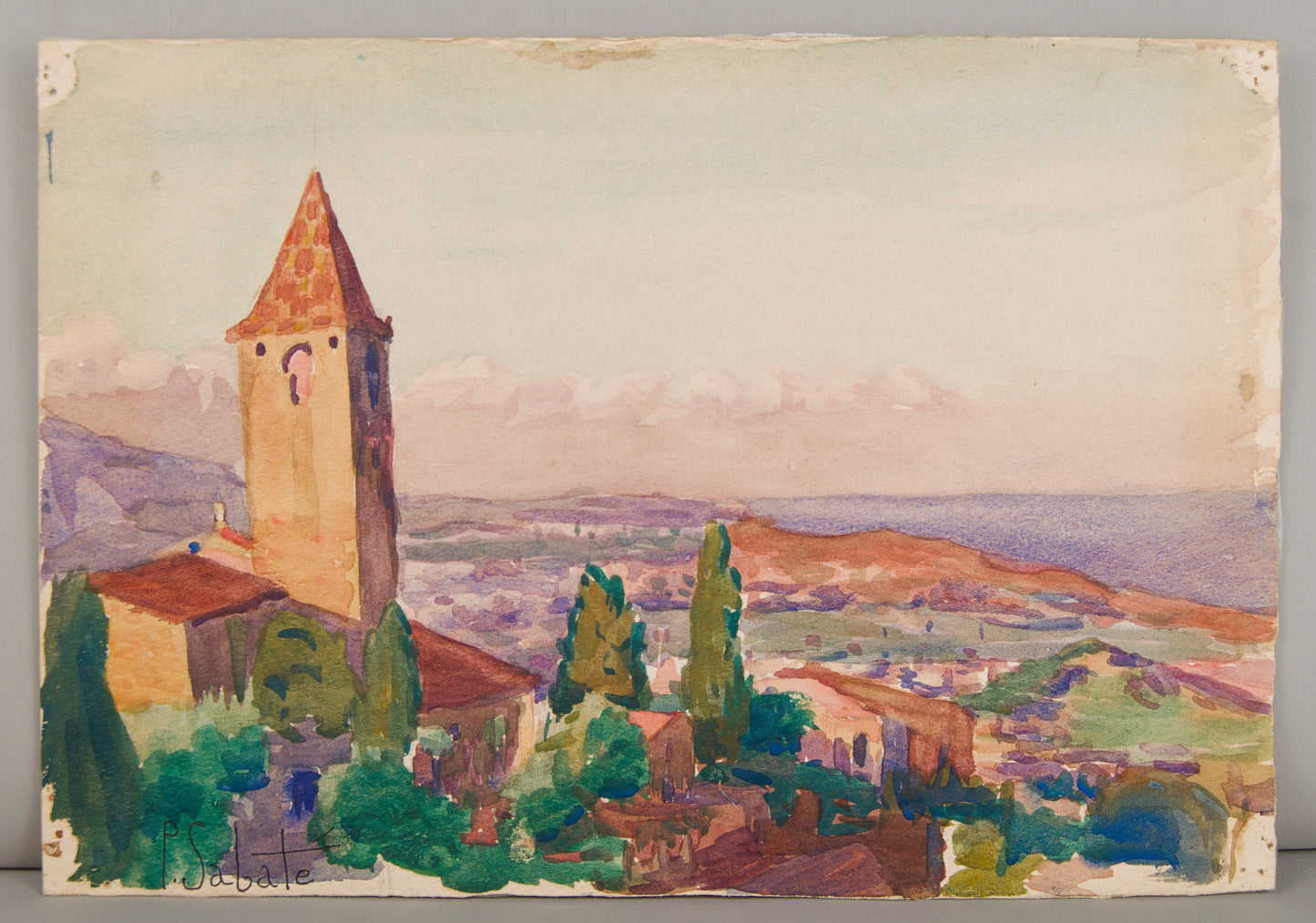 PAU SABATÉ I JAUMÀ | PAISAJE MEDITERRÁNEO CON CAMPANARIO | ACUARELA ORIGINAL | POSTIMPRESIONISMO CATALÁN