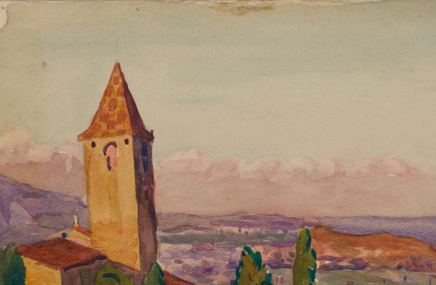 PAU SABATÉ I JAUMÀ | PAISAJE MEDITERRÁNEO CON CAMPANARIO | ACUARELA ORIGINAL | POSTIMPRESIONISMO CATALÁN