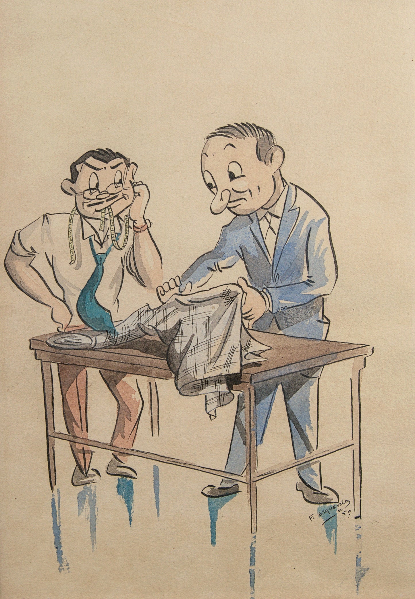 F. Esquerda | Crónicas Satíricas de la Sastrería | Lote de 4 Acuarelas sobre Papel | 1950-1952