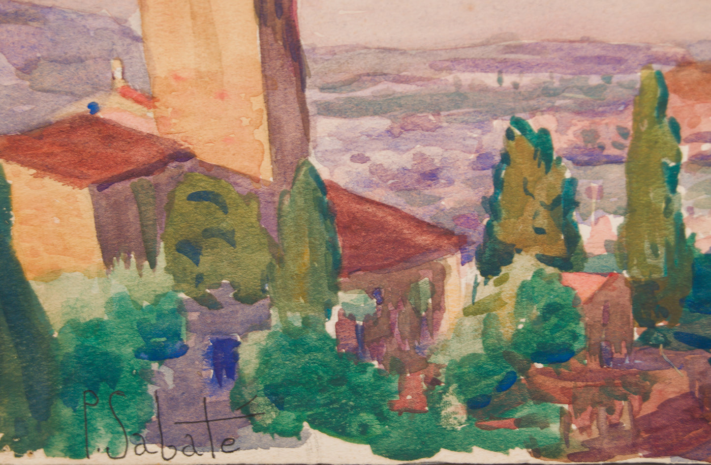 PAU SABATÉ I JAUMÀ | PAISAJE MEDITERRÁNEO CON CAMPANARIO | ACUARELA ORIGINAL | POSTIMPRESIONISMO CATALÁN
