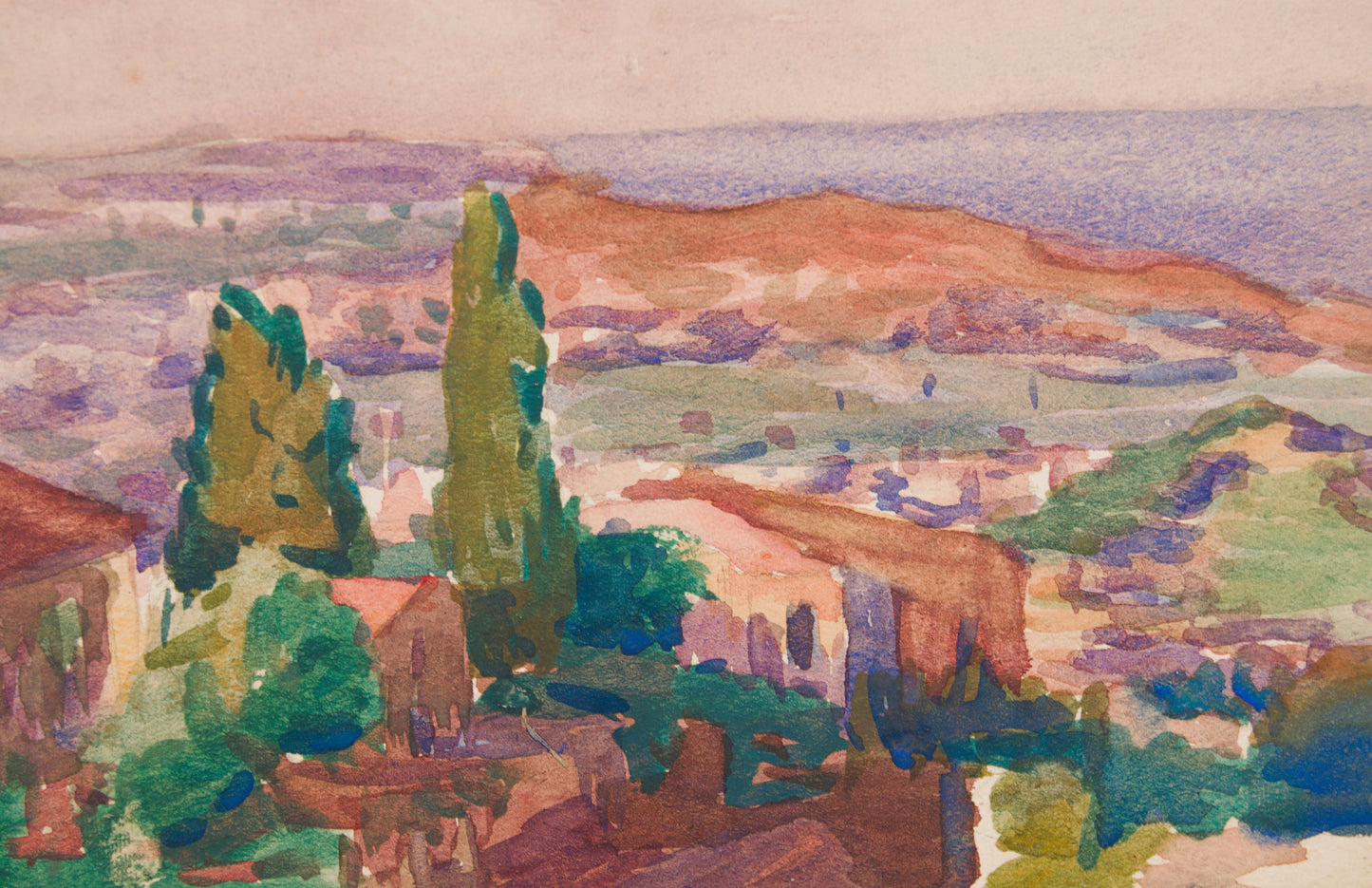 PAU SABATÉ I JAUMÀ | PAISAJE MEDITERRÁNEO CON CAMPANARIO | ACUARELA ORIGINAL | POSTIMPRESIONISMO CATALÁN