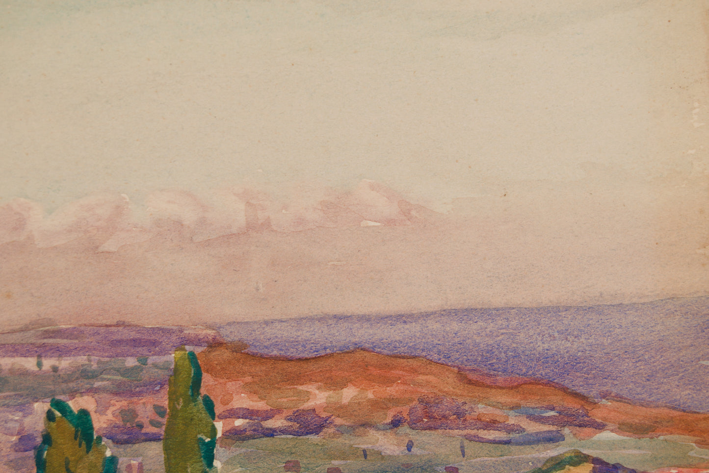 PAU SABATÉ I JAUMÀ | PAISAJE MEDITERRÁNEO CON CAMPANARIO | ACUARELA ORIGINAL | POSTIMPRESIONISMO CATALÁN