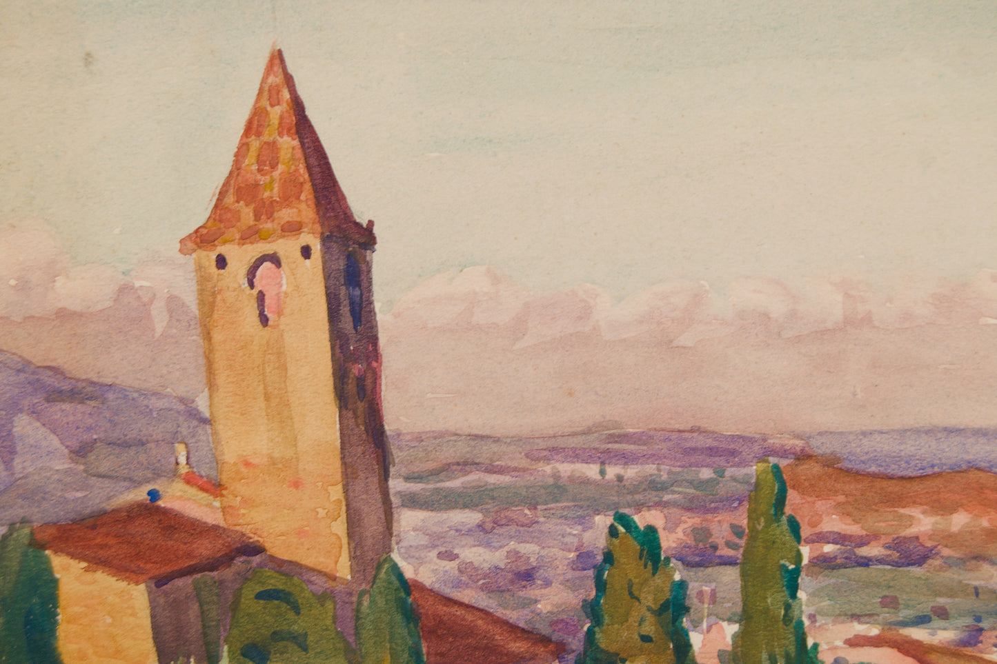 PAU SABATÉ I JAUMÀ | PAISAJE MEDITERRÁNEO CON CAMPANARIO | ACUARELA ORIGINAL | POSTIMPRESIONISMO CATALÁN