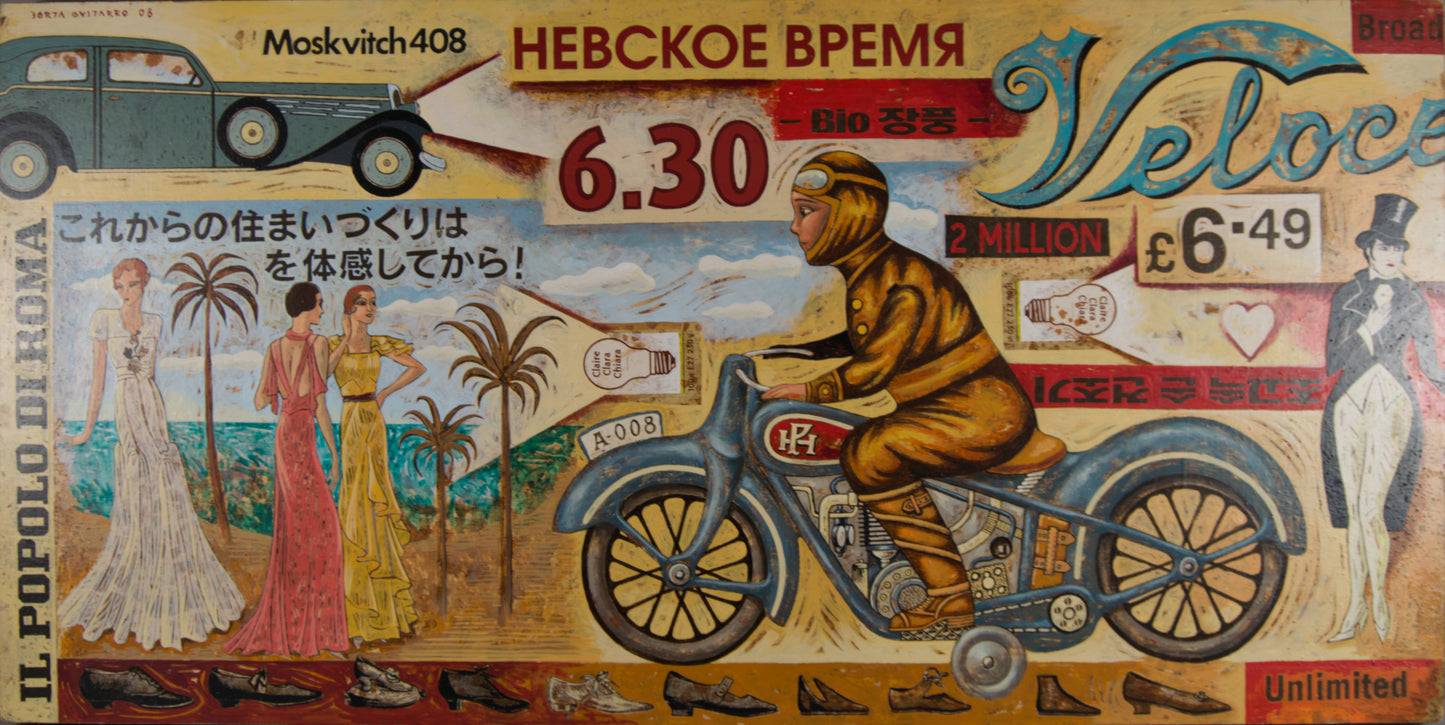 BORJA GUIJARRO | "VELOCE": Pop-Komposition mit Motorrad und Figuren | Klare Linien / Neo-Pop | Mischtechnik