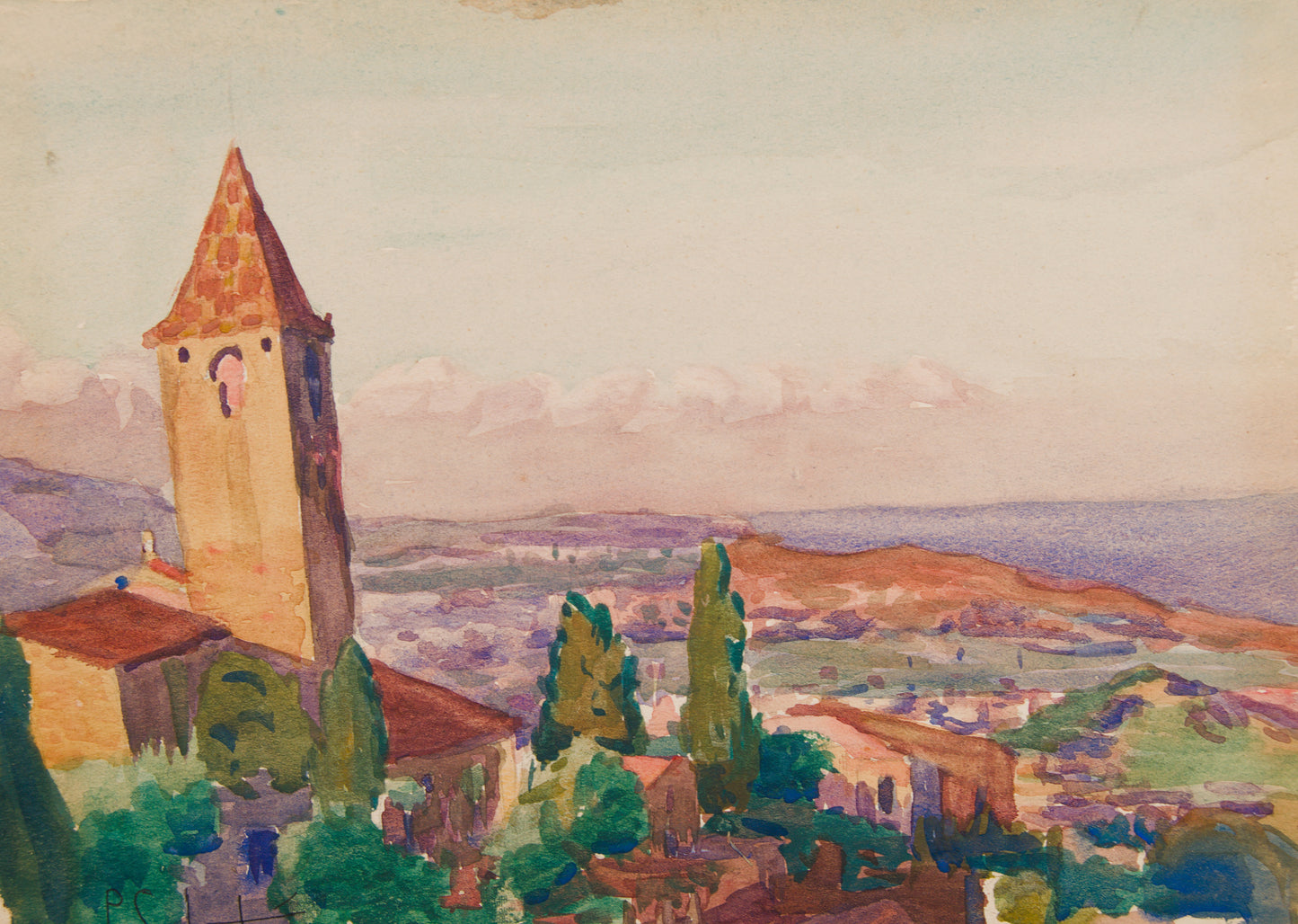 PAU SABATÉ I JAUMÀ | PAISAJE MEDITERRÁNEO CON CAMPANARIO | ACUARELA ORIGINAL | POSTIMPRESIONISMO CATALÁN