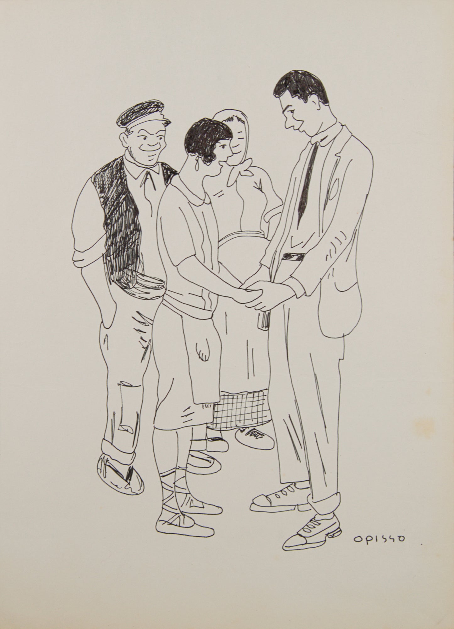 RICARD OPISSO | EL ENCUENTRO (TRADICIÓN Y MODERNIDAD) | DIBUJO ORIGINAL A TINTA | COSTUMBRISMO CATALÁN