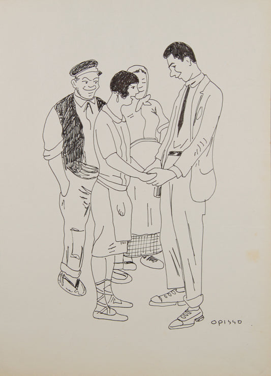 RICARD OPISSO | EL ENCUENTRO (TRADICIÓN Y MODERNIDAD) | DIBUJO ORIGINAL A TINTA | COSTUMBRISMO CATALÁN