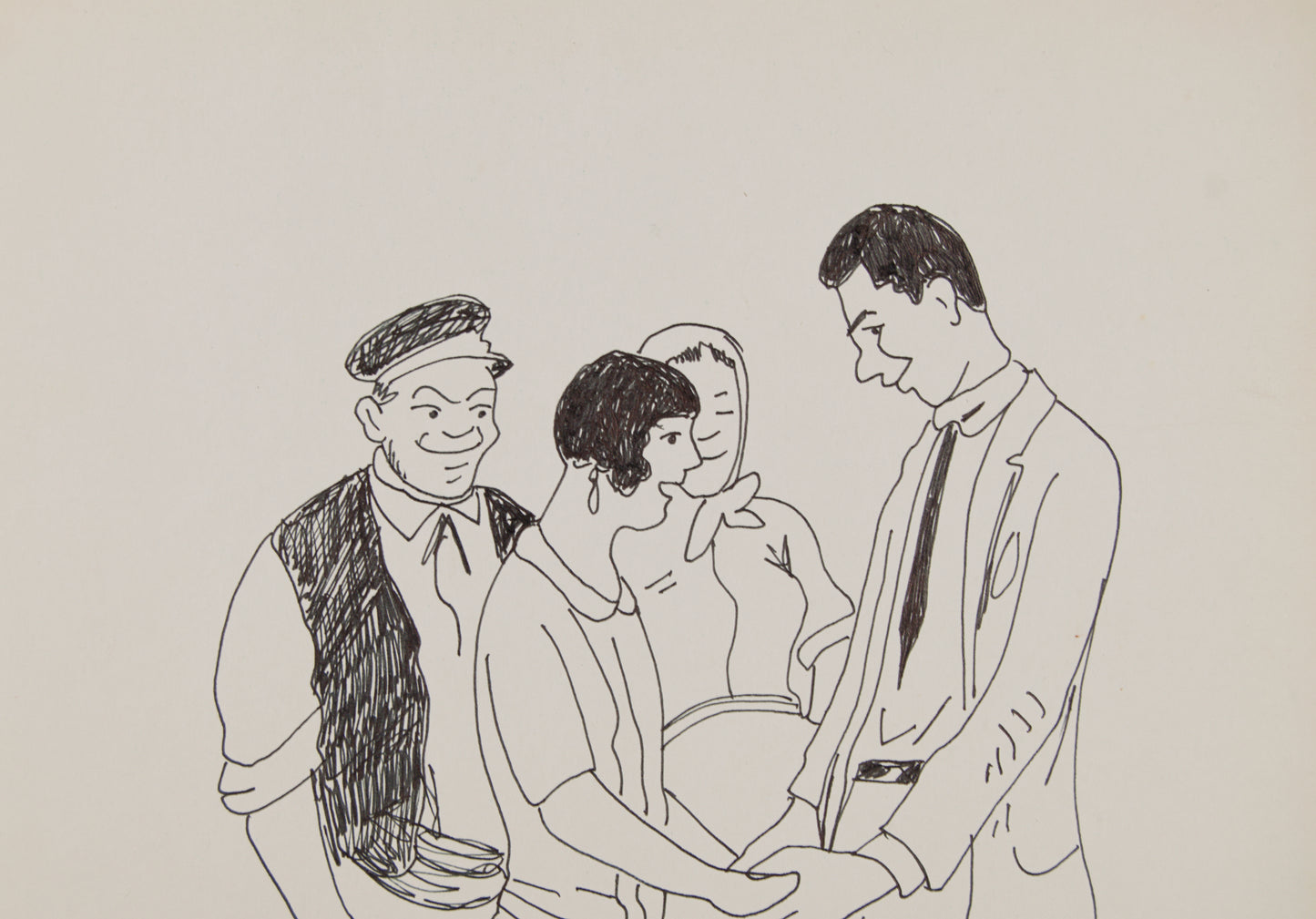 RICARD OPISSO | EL ENCUENTRO (TRADICIÓN Y MODERNIDAD) | DIBUJO ORIGINAL A TINTA | COSTUMBRISMO CATALÁN