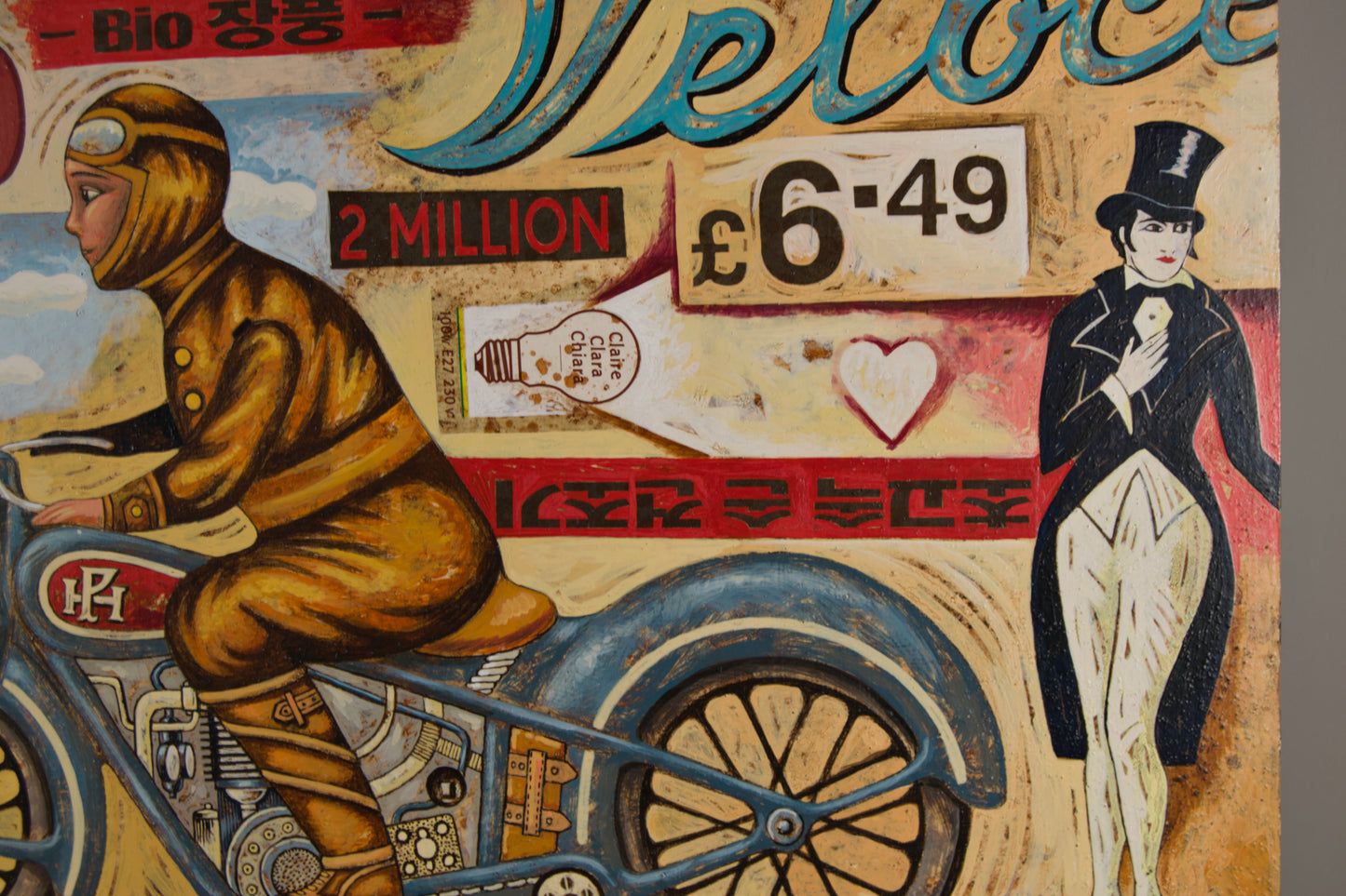 BORJA GUIJARRO | "VELOCE": Pop-Komposition mit Motorrad und Figuren | Klare Linien / Neo-Pop | Mischtechnik