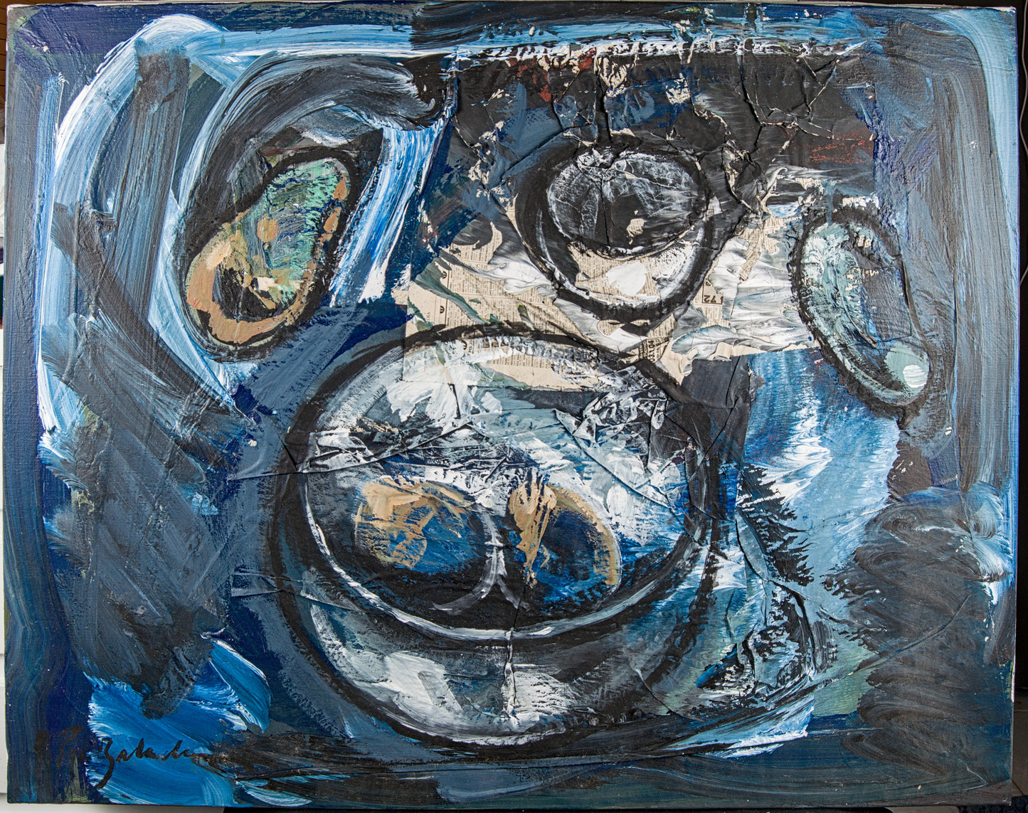 Manel Pujol Baladas | "Bodegón patatas azul" | Mixta y Collage sobre Lienzo (1990) | Colección de 18 Obras Certificadas