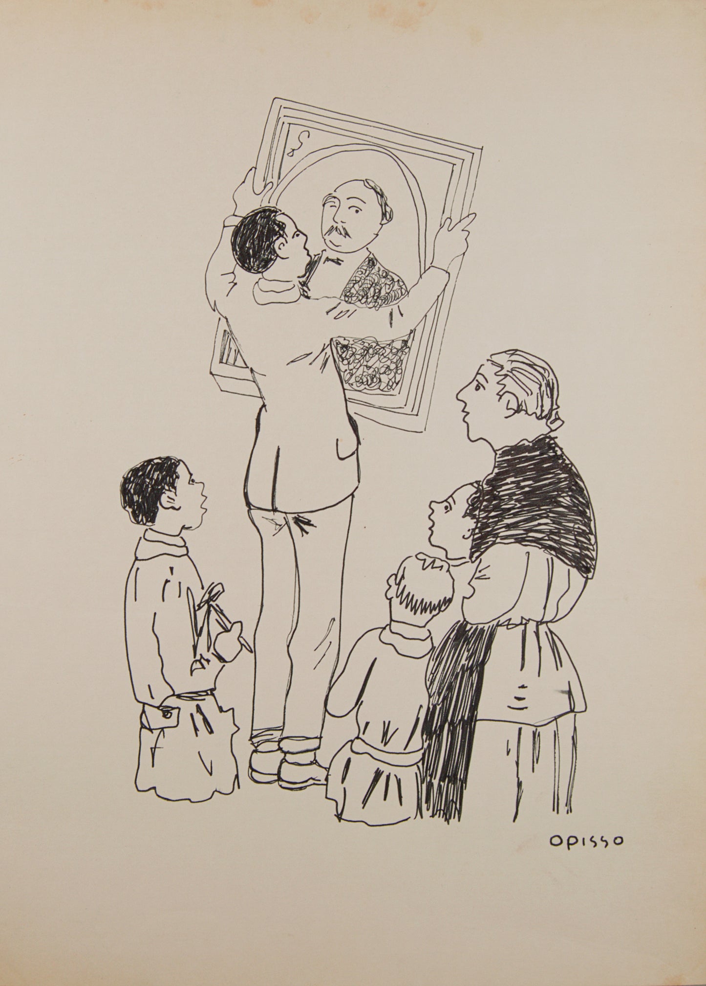 RICARD OPISSO | COLGANDO EL RETRATO (ESCENA FAMILIAR) | DIBUJO ORIGINAL A TINTA | COSTUMBRISMO CATALÁN