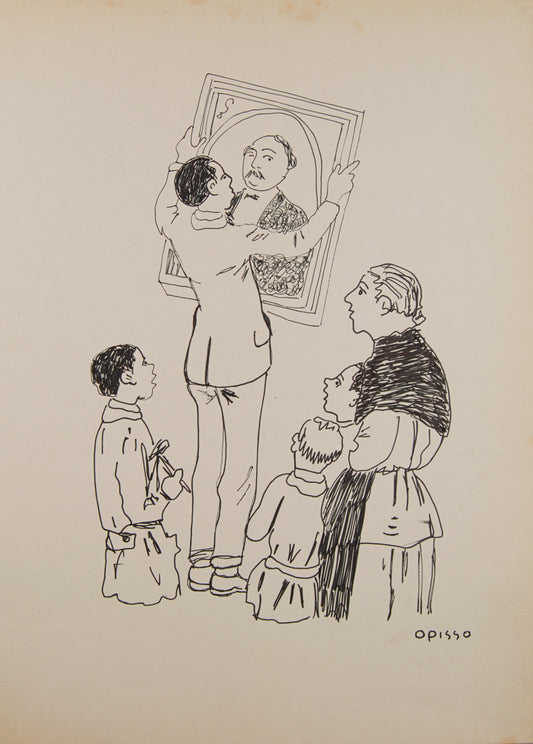 RICARD OPISSO | COLGANDO EL RETRATO (ESCENA FAMILIAR) | DIBUJO ORIGINAL A TINTA | COSTUMBRISMO CATALÁN