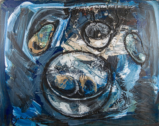 Manel Pujol Baladas | "Bodegón patatas azul" | Mixta y Collage sobre Lienzo (1990) | Colección de 18 Obras Certificadas