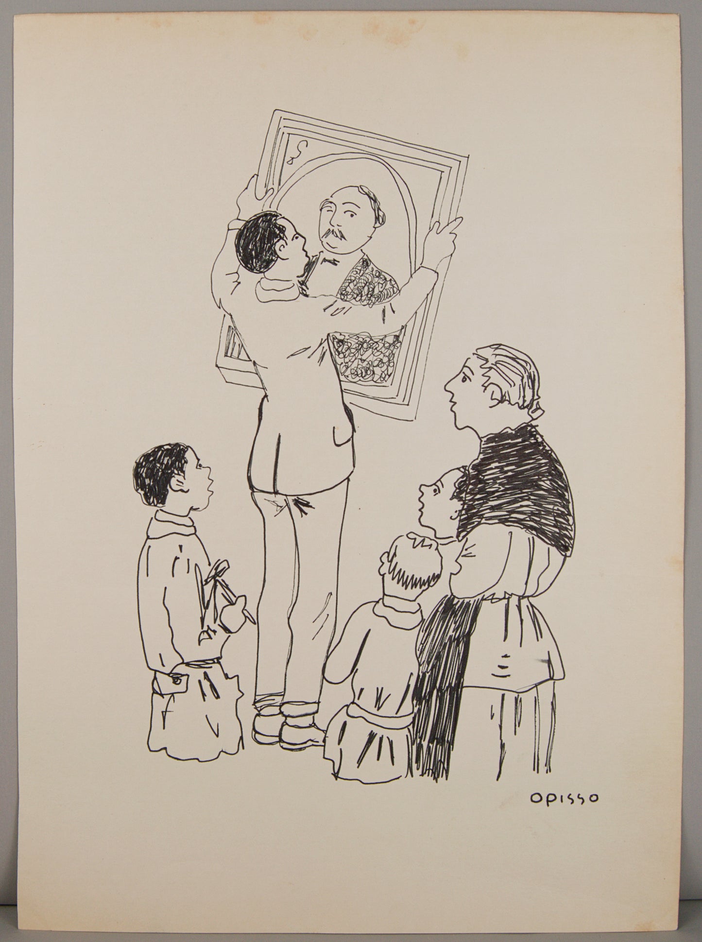 RICARD OPISSO | COLGANDO EL RETRATO (ESCENA FAMILIAR) | DIBUJO ORIGINAL A TINTA | COSTUMBRISMO CATALÁN