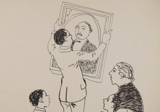 RICARD OPISSO | COLGANDO EL RETRATO (ESCENA FAMILIAR) | DIBUJO ORIGINAL A TINTA | COSTUMBRISMO CATALÁN
