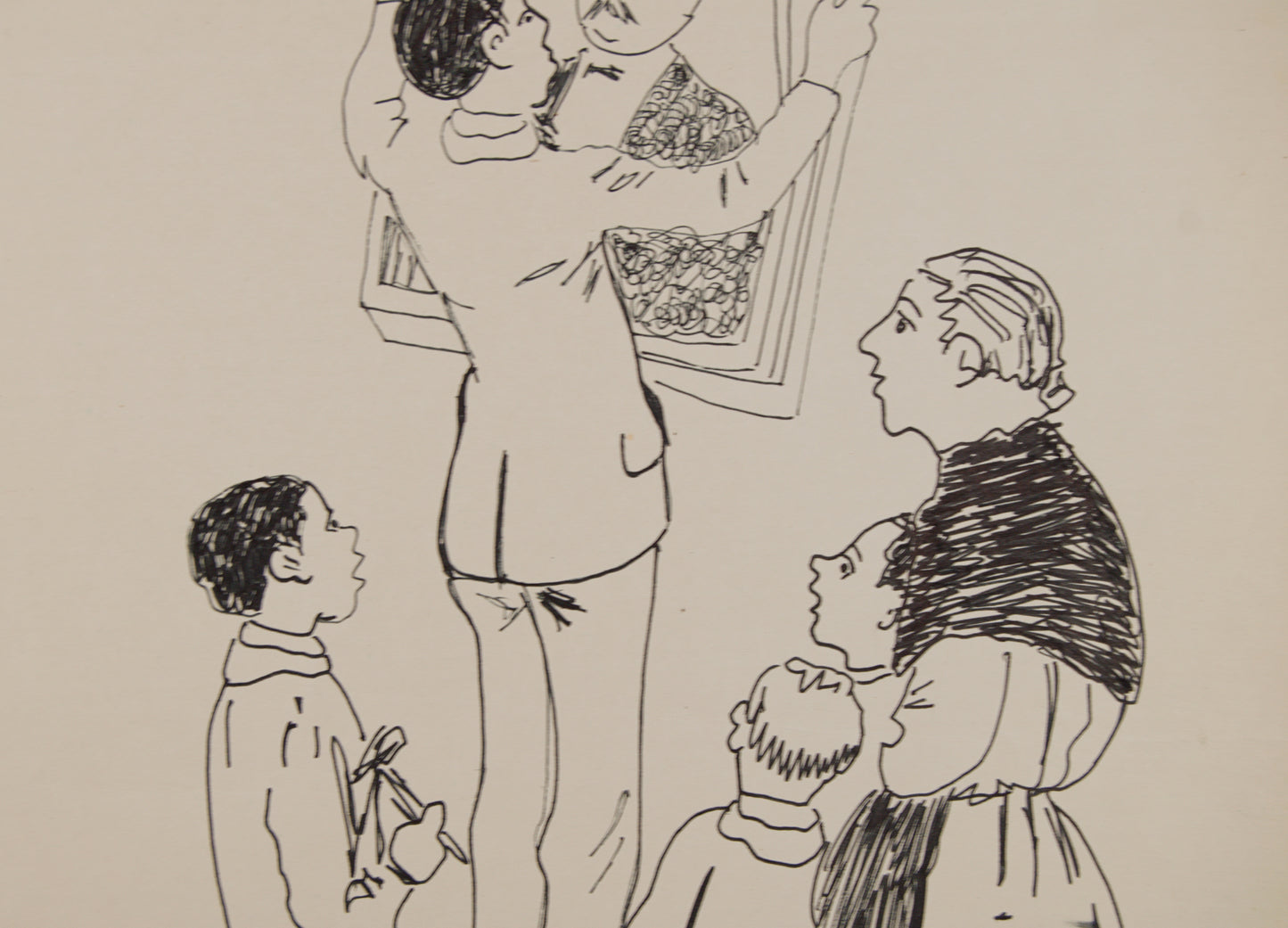 RICARD OPISSO | COLGANDO EL RETRATO (ESCENA FAMILIAR) | DIBUJO ORIGINAL A TINTA | COSTUMBRISMO CATALÁN