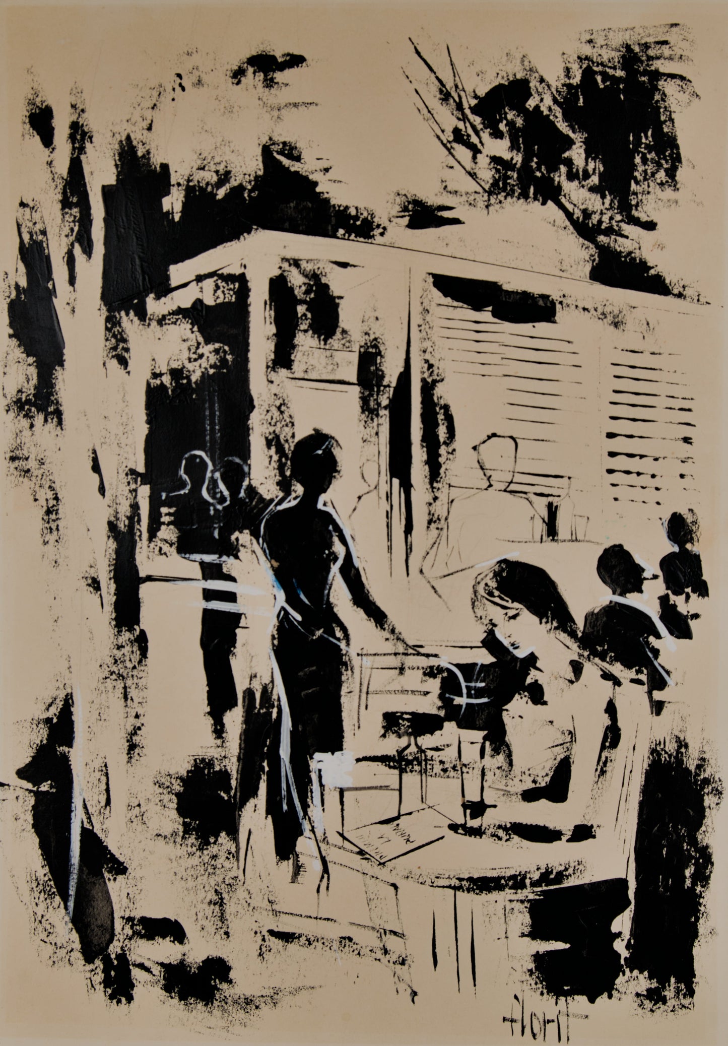 José Luis Florit | Composición con Figuras | Tinta y Acrílico Original sobre Papel