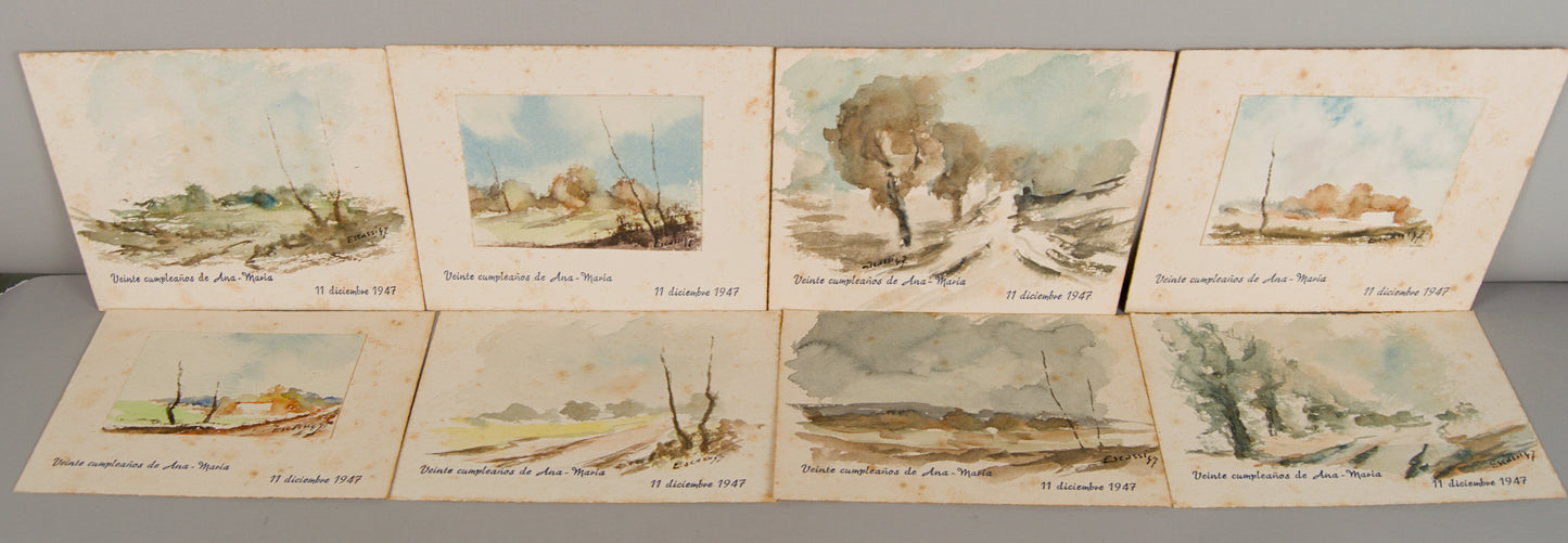 JOSÉ ROMERO ESCASSI | SERIE DE OCHO PAISAJES CONMEMORATIVOS | ESCUELA MADRILEÑA | ACUARELA SOBRE CARTULINA