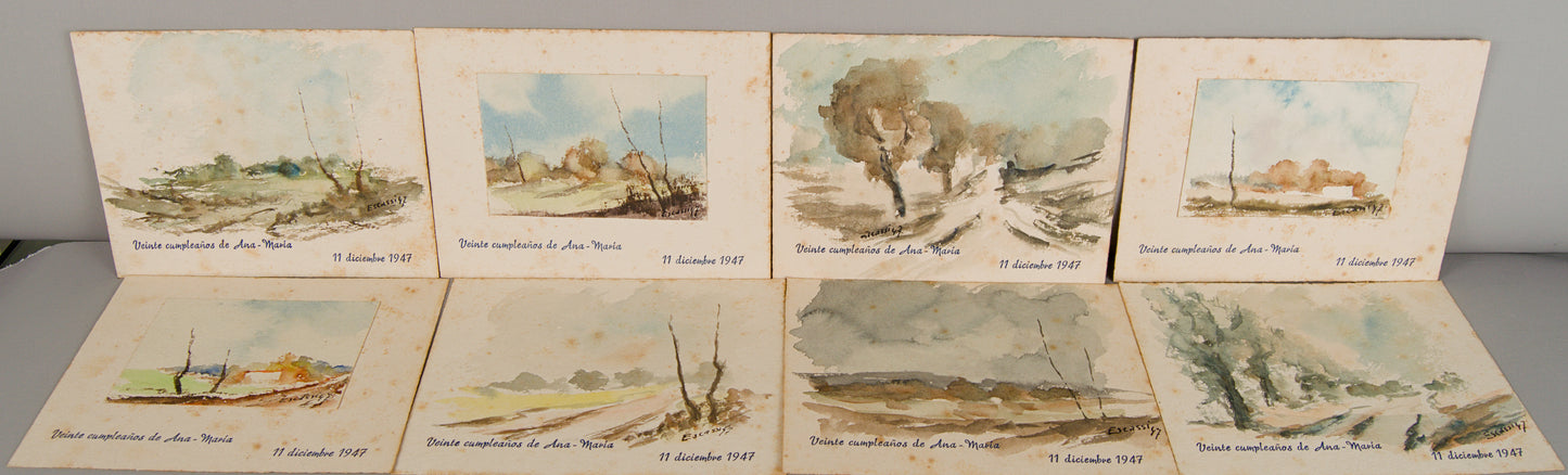 JOSÉ ROMERO ESCASSI | SERIE DE OCHO PAISAJES CONMEMORATIVOS | ESCUELA MADRILEÑA | ACUARELA SOBRE CARTULINA