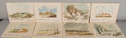 JOSÉ ROMERO ESCASSI | SERIE DE OCHO PAISAJES CONMEMORATIVOS | ESCUELA MADRILEÑA | ACUARELA SOBRE CARTULINA