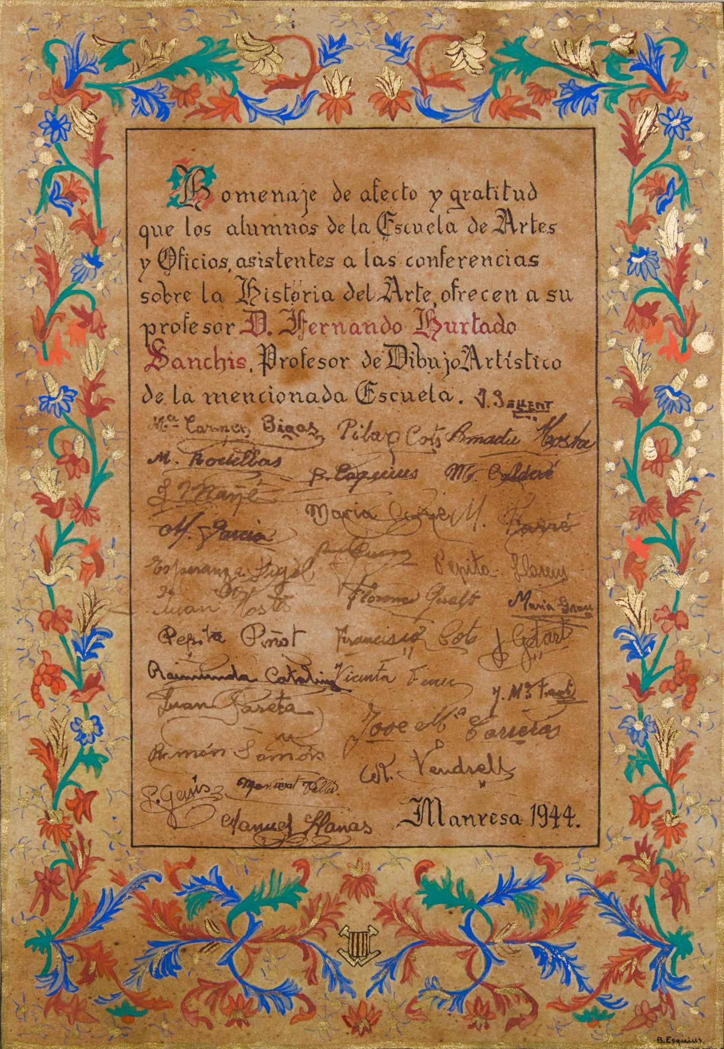 B. ESQUIUS | HOMENAJE A D. FERNANDO HURTADO SANCHIS (MANRESA, 1944) | MANUSCRITO ILUMINADO