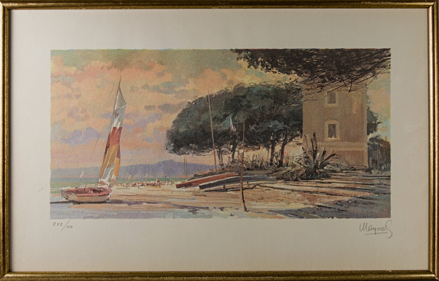 MANUEL MAYORAL GARCÍA | MARINA CON VELERO AL ATARDECER | LITOGRAFÍA ORIGINAL EDICIÓN LIMITADA