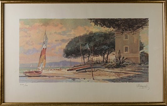 MANUEL MAYORAL GARCÍA | MARINA CON VELERO AL ATARDECER | LITOGRAFÍA ORIGINAL EDICIÓN LIMITADA