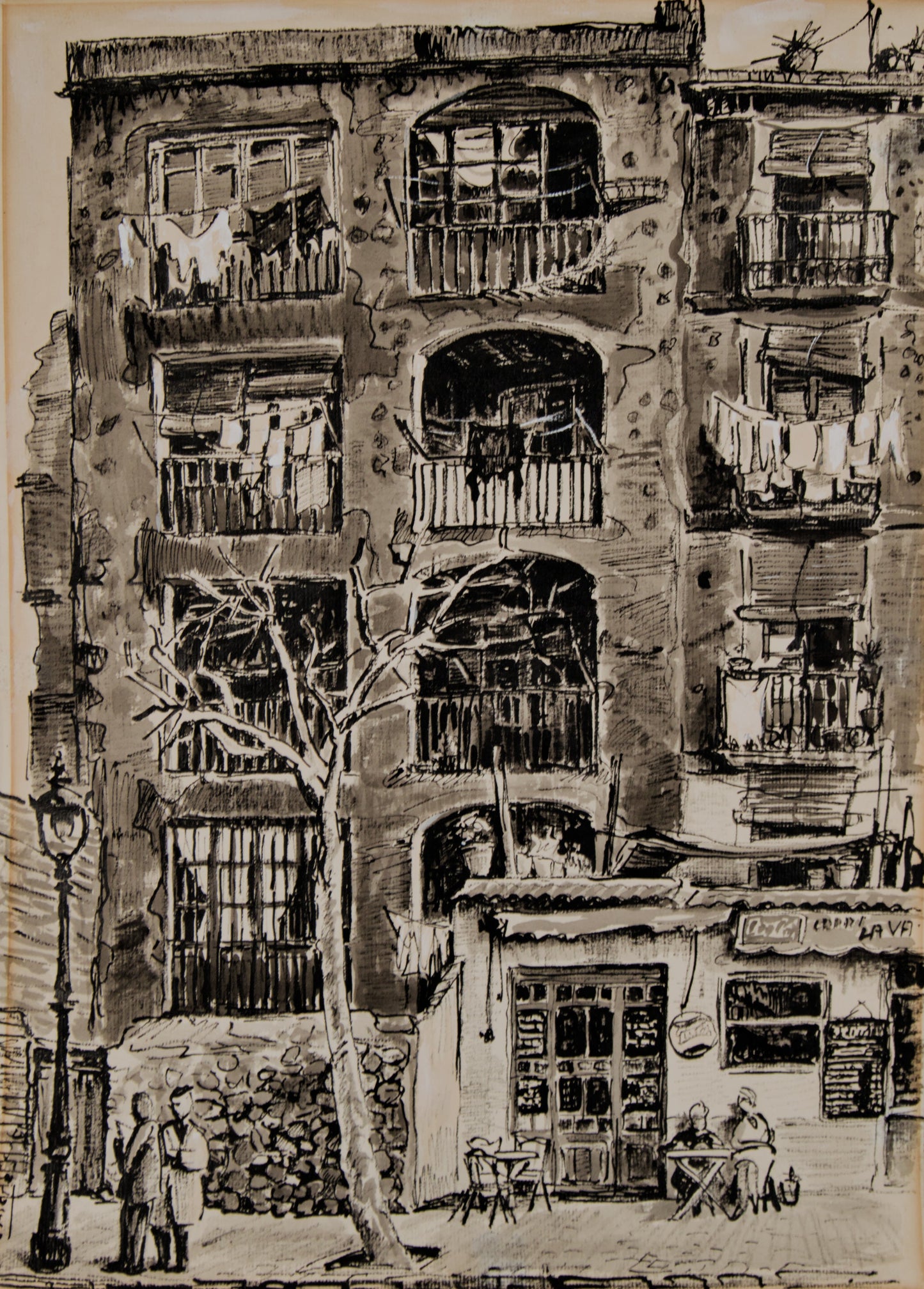 J. Riera | Crónica Urbana (La Colmena y el Café) | Dibujo Original a Tinta y Aguada (1957)